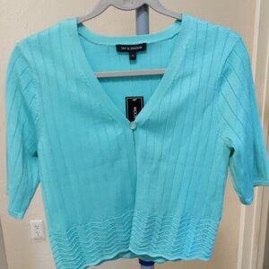 NEW Tint & Shadow Turquoise Blue Short Sleeve Cardigan Sweater Size S